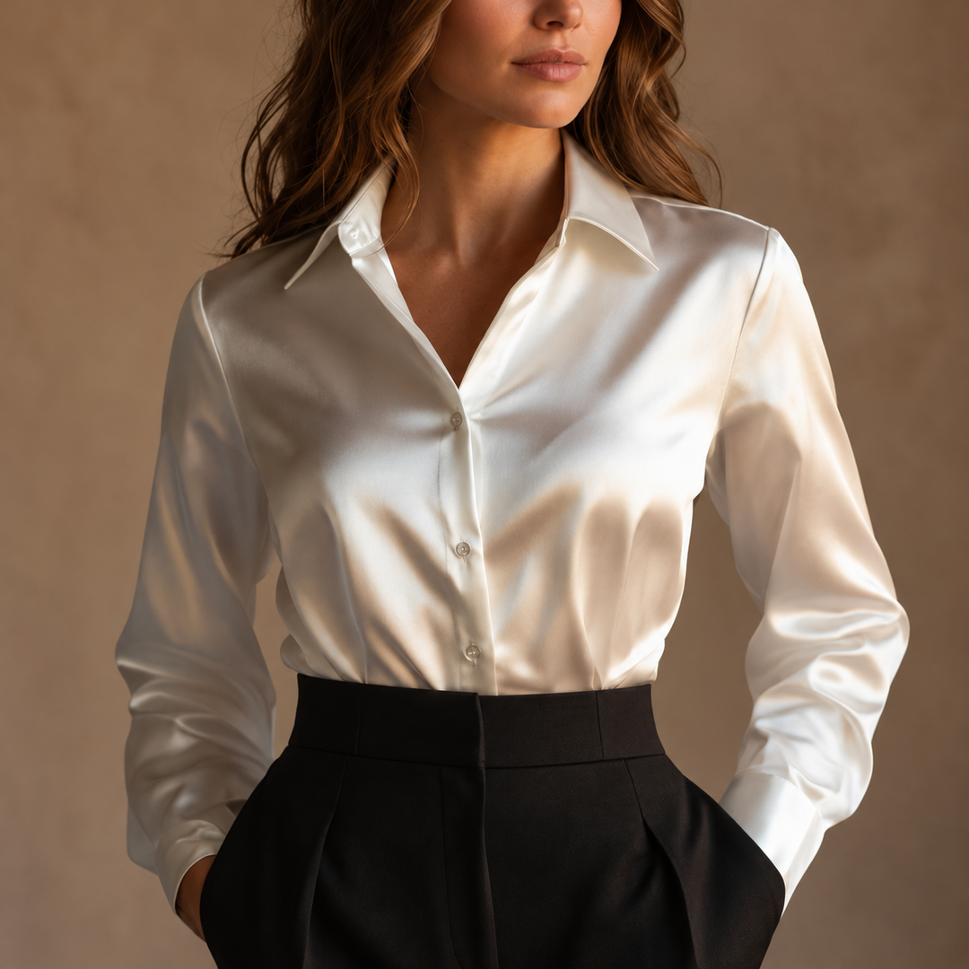 Aileen - Women's Collared Satin Button-Front Blouse