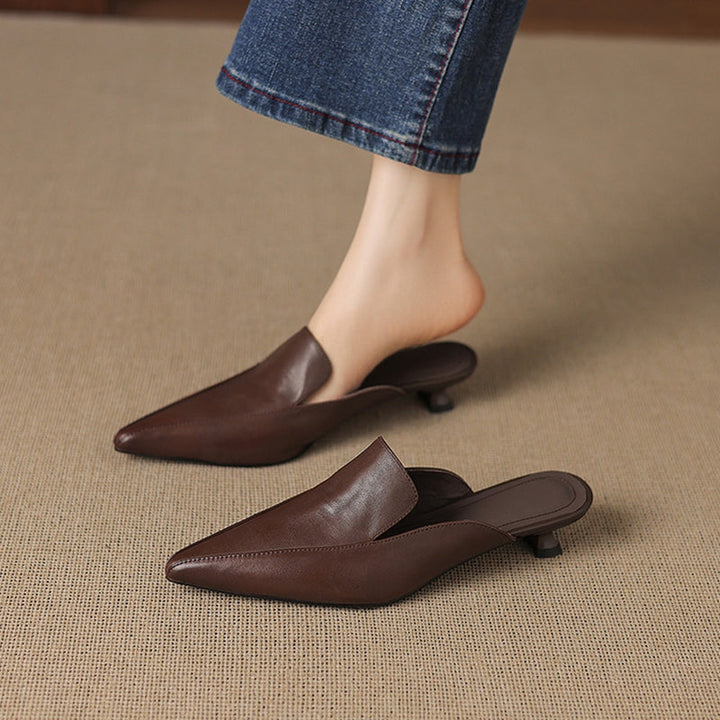 Ainara - Women's Pointed Leather Slip-On Mules with Low Kitten Heel