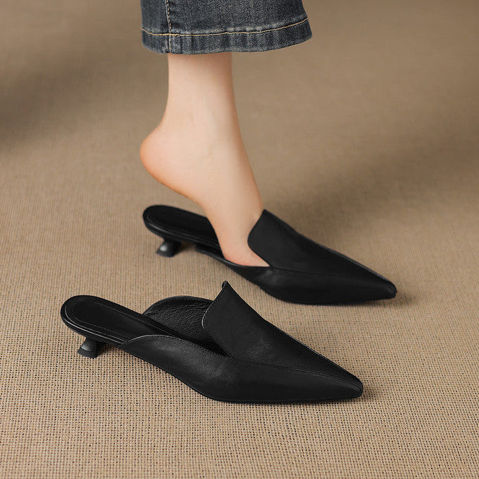 Ainara - Women's Pointed Leather Slip-On Mules with Low Kitten Heel