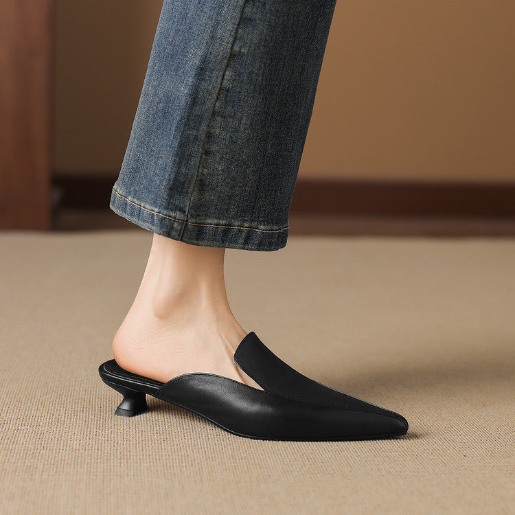 Ainara - Women's Pointed Leather Slip-On Mules with Low Kitten Heel