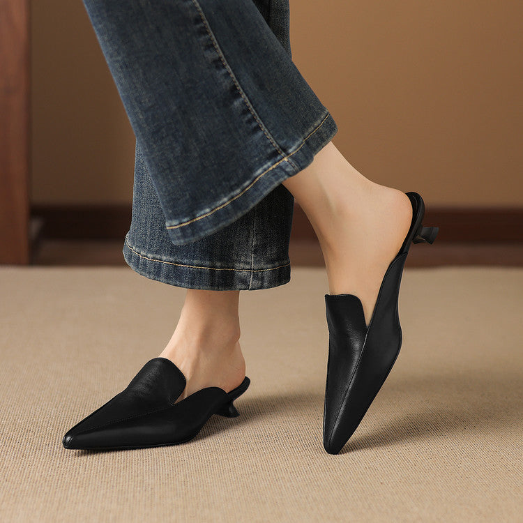 Ainara - Women's Pointed Leather Slip-On Mules with Low Kitten Heel
