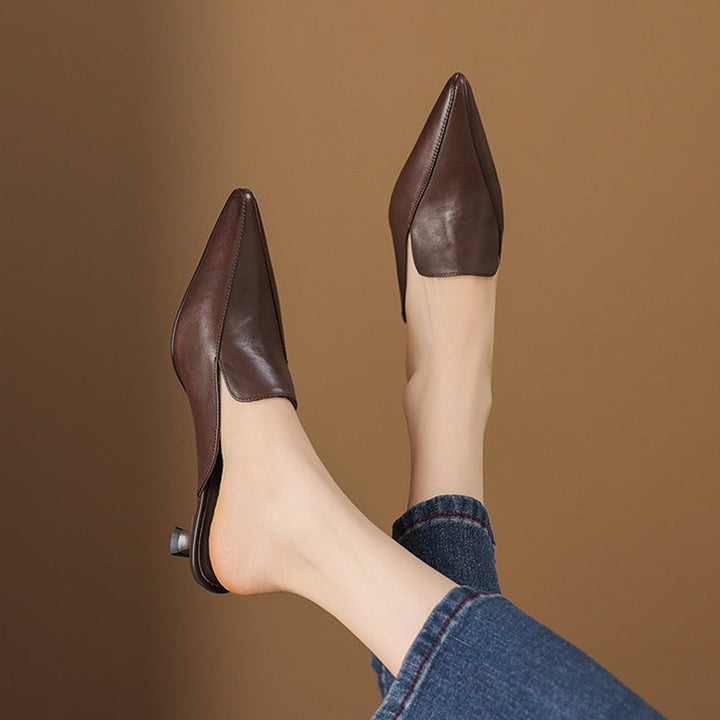 Ainara - Women's Pointed Leather Slip-On Mules with Low Kitten Heel