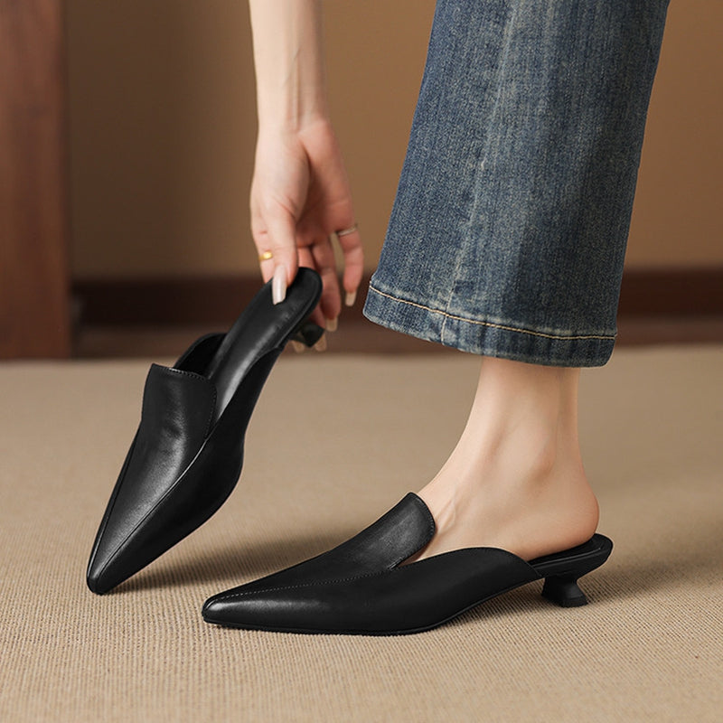 Ainara - Women's Pointed Leather Slip-On Mules with Low Kitten Heel
