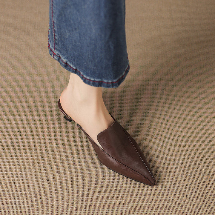 Ainara - Women's Pointed Leather Slip-On Mules with Low Kitten Heel