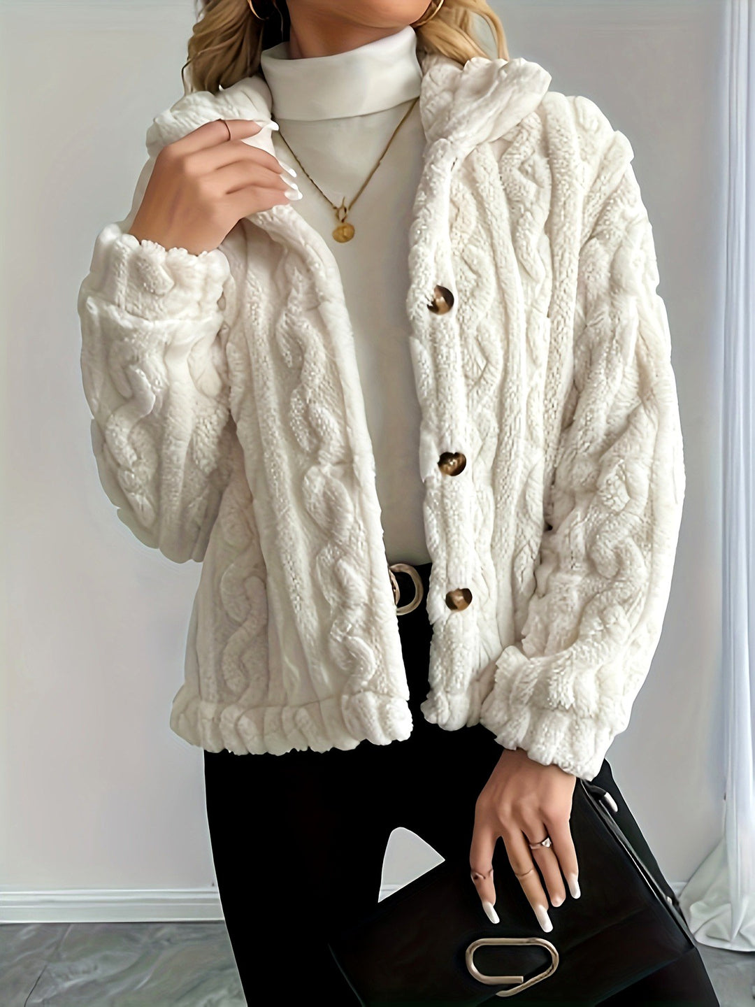 Ainsley - Women's Textured Knit Sherpa Button Jacket 2