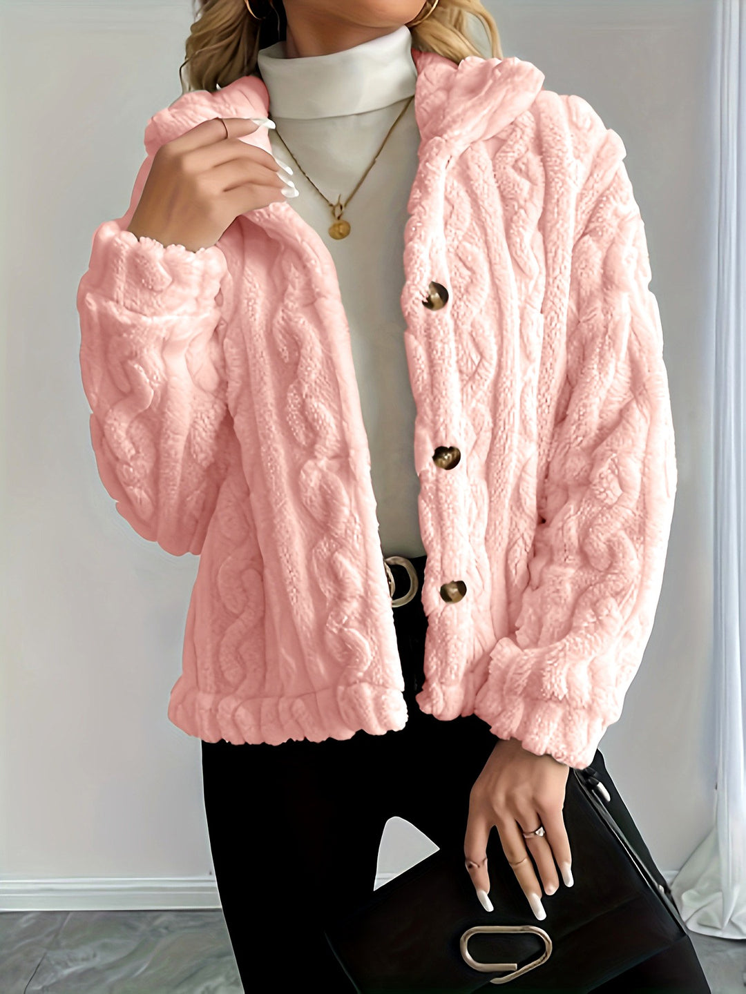 Ainsley - Women's Textured Knit Sherpa Button Jacket 4