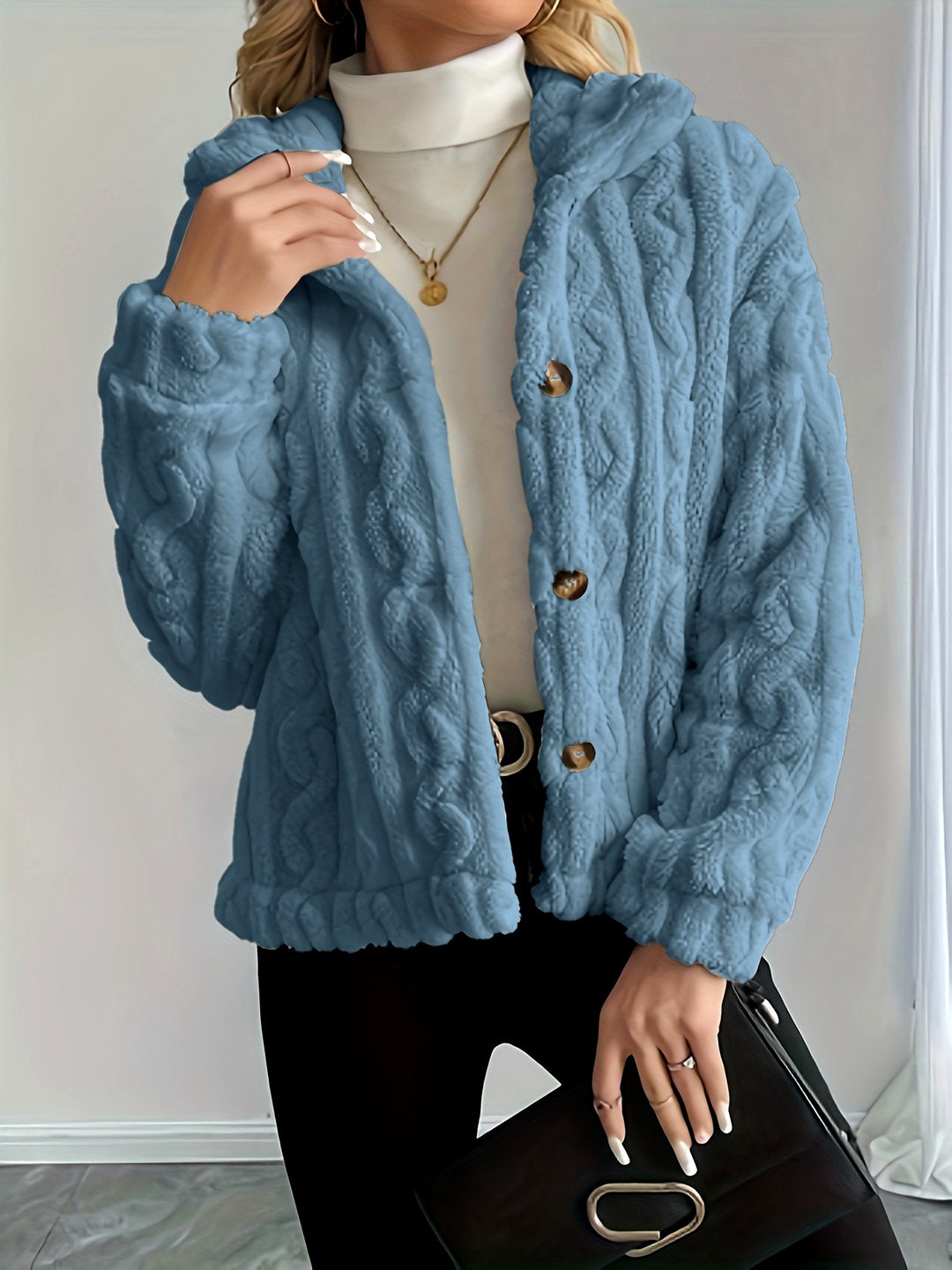 Ainsley - Women's Textured Knit Sherpa Button Jacket 6