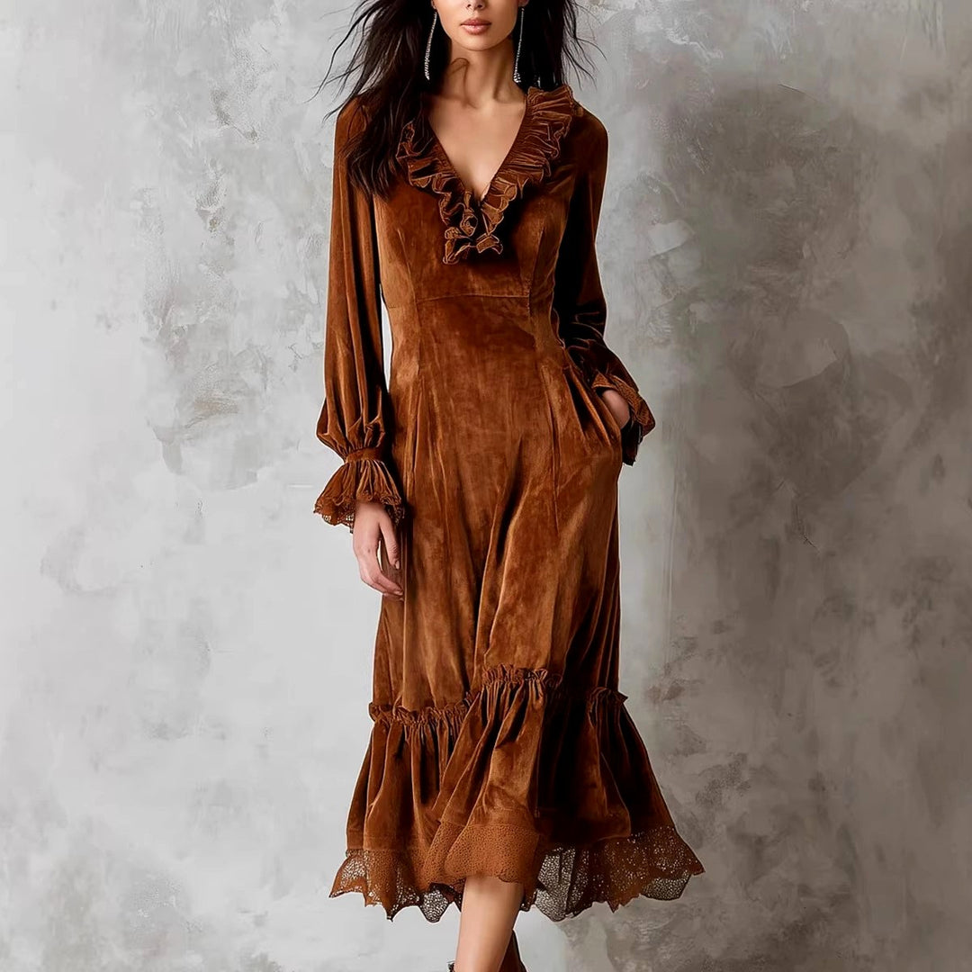 Aira – Women’s Velvet V-Neck Ruffle Dress 2