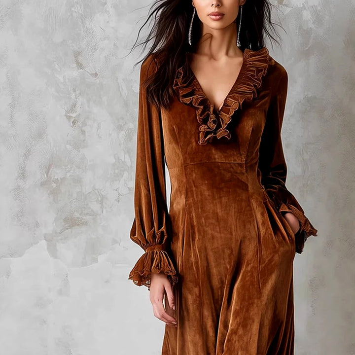 Aira – Women’s Velvet V-Neck Ruffle Dress 3