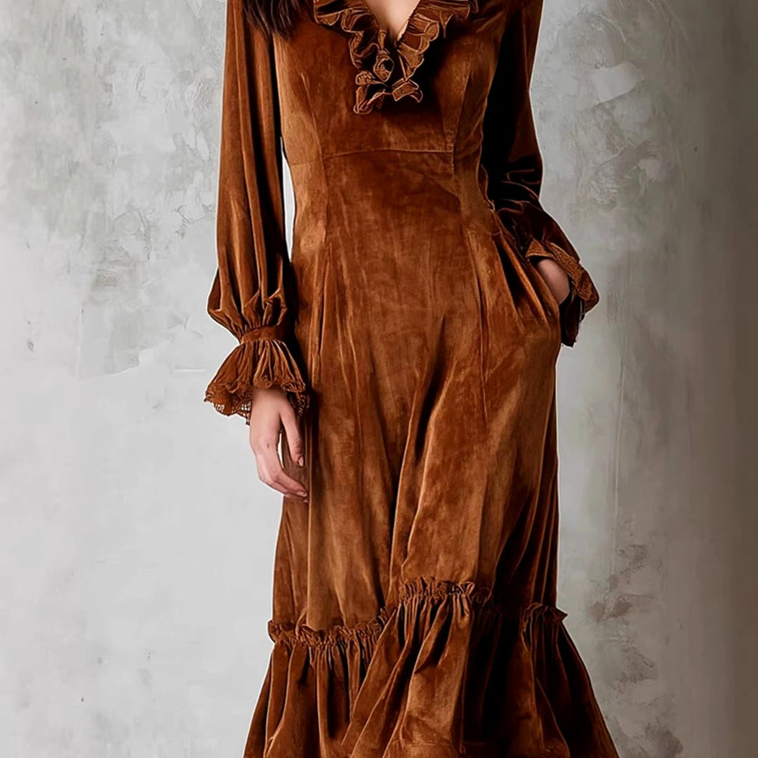 Aira – Women’s Velvet V-Neck Ruffle Dress 5