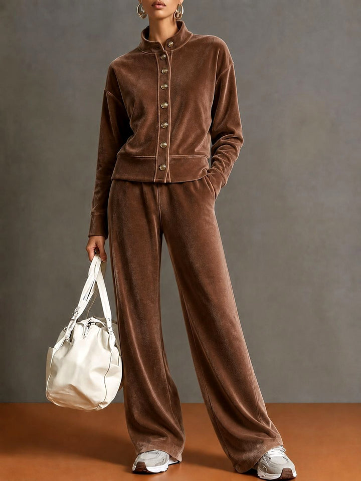 Alberta - Women's Velvet Stand Collar Wide Leg Matching Set 5