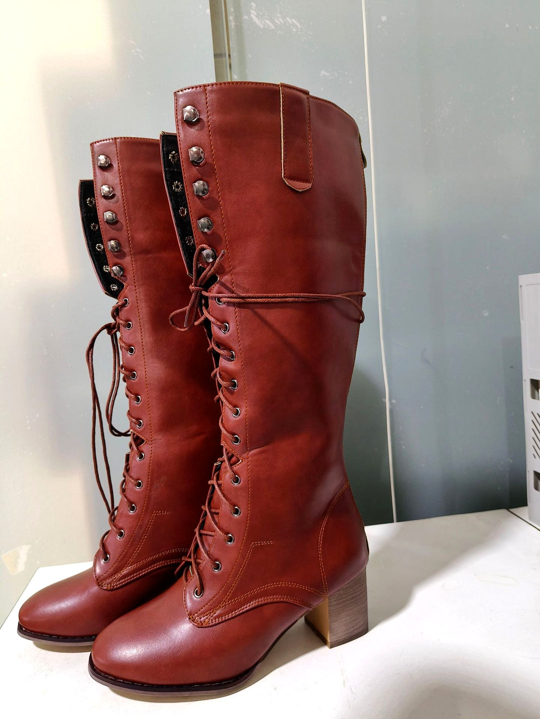 Aleah - Women’s Knee High Lace Up Heeled Boots 5