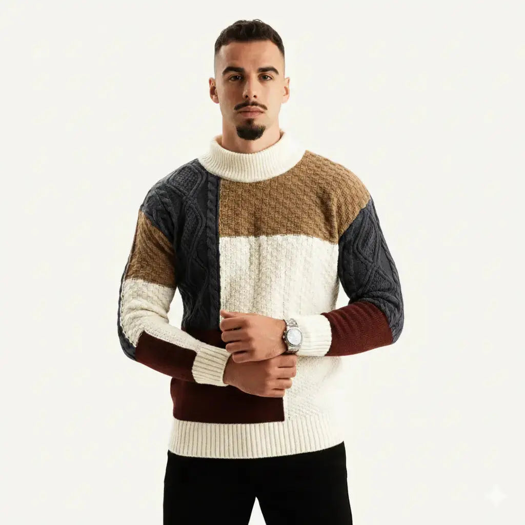 Alfredo - Men's Patchwork Crewneck Sweater with Tonal Texture