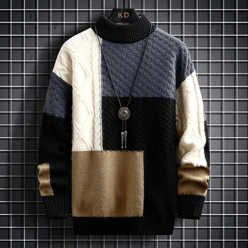 Alfredo - Men's Patchwork Crewneck Sweater with Tonal Texture