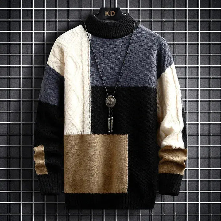 Alfredo - Men's Patchwork Crewneck Sweater with Tonal Texture