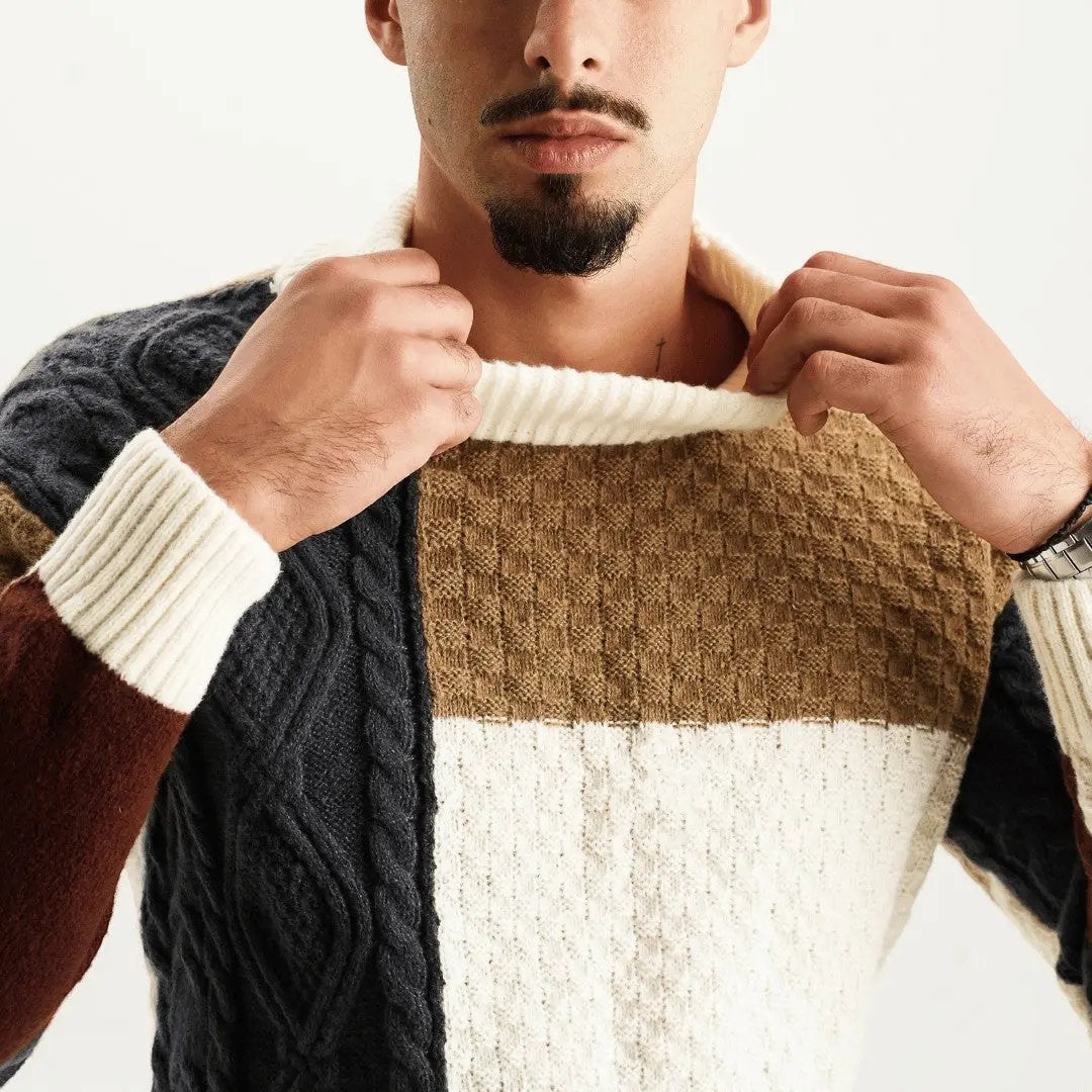 Alfredo - Men's Patchwork Crewneck Sweater with Tonal Texture