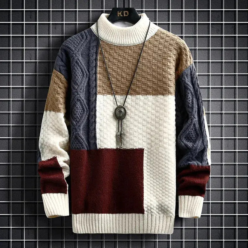 Alfredo - Men's Patchwork Crewneck Sweater with Tonal Texture