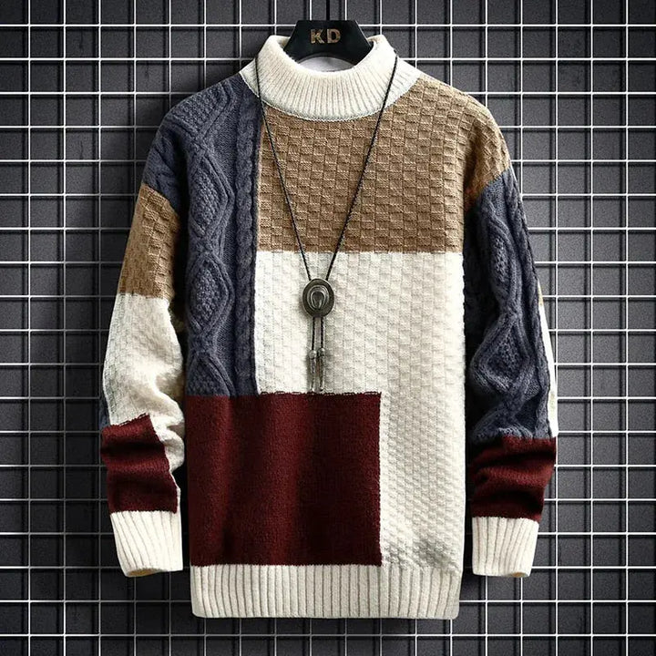 Alfredo - Men's Patchwork Crewneck Sweater with Tonal Texture