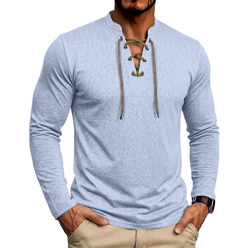 Ali - Men's Lace-Up Long Sleeve Henley Shirt 2