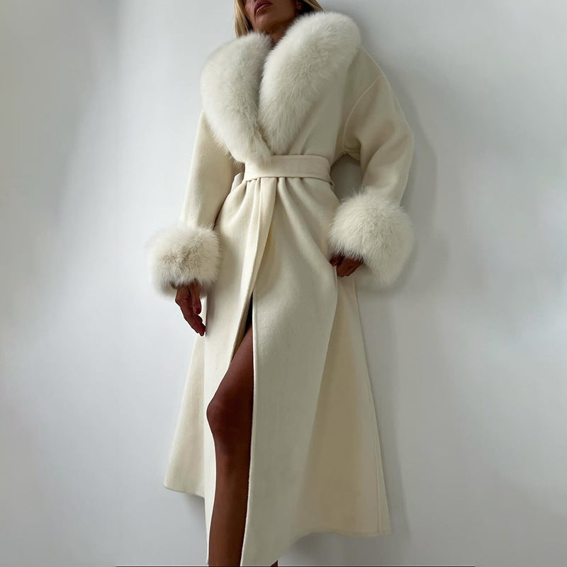 Alice - Women's Belted Fur Trim Long Coat 1