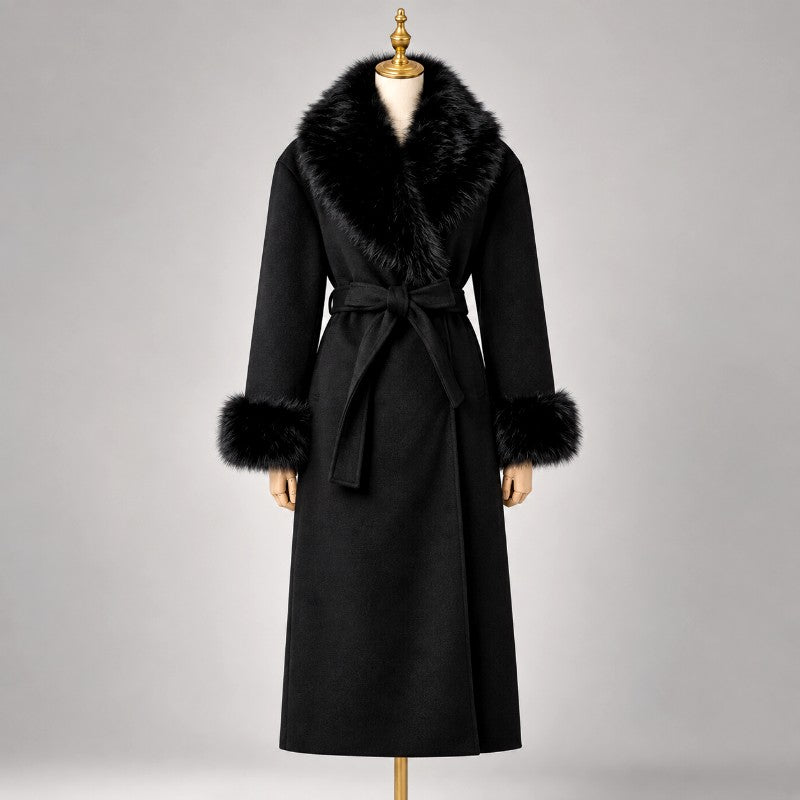 Alice - Women's Belted Fur Trim Long Coat 3