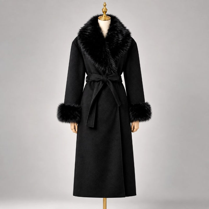 Alice - Women's Belted Fur Trim Long Coat 3