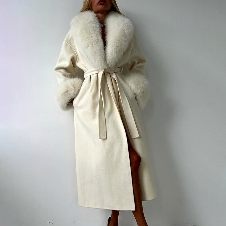 Alice - Women's Belted Fur Trim Long Coat 4