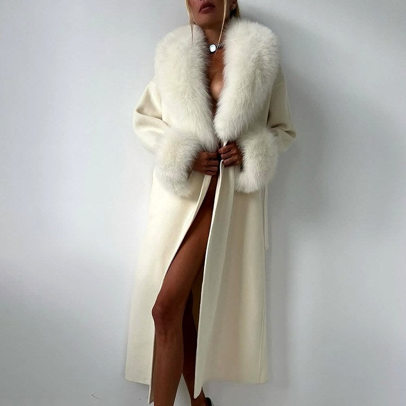 Alice - Women's Belted Fur Trim Long Coat 5