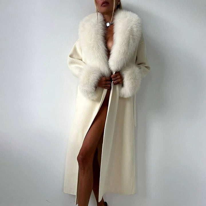 Alice - Women's Belted Fur Trim Long Coat 5