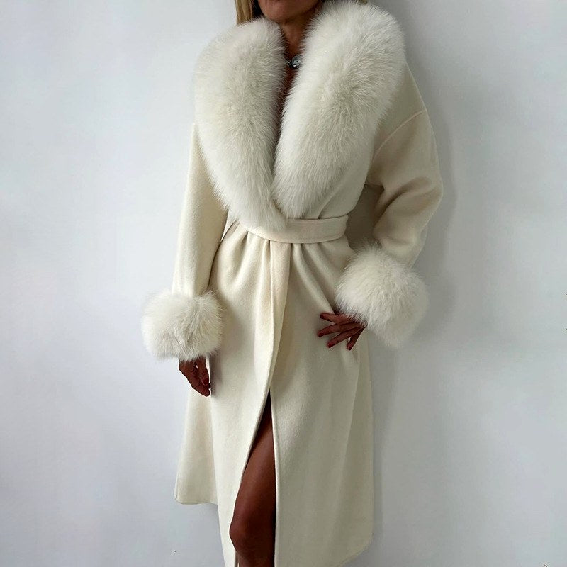 Alice - Women's Belted Fur Trim Long Coat 6