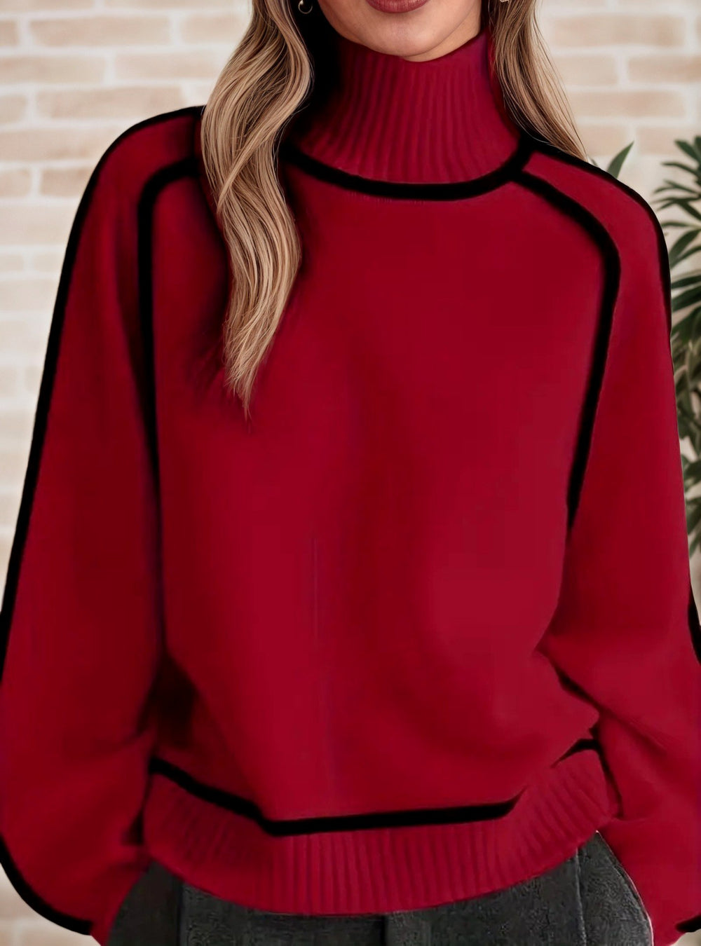 Alicia - Women's Contrast Trim Turtleneck Knit Sweater 10