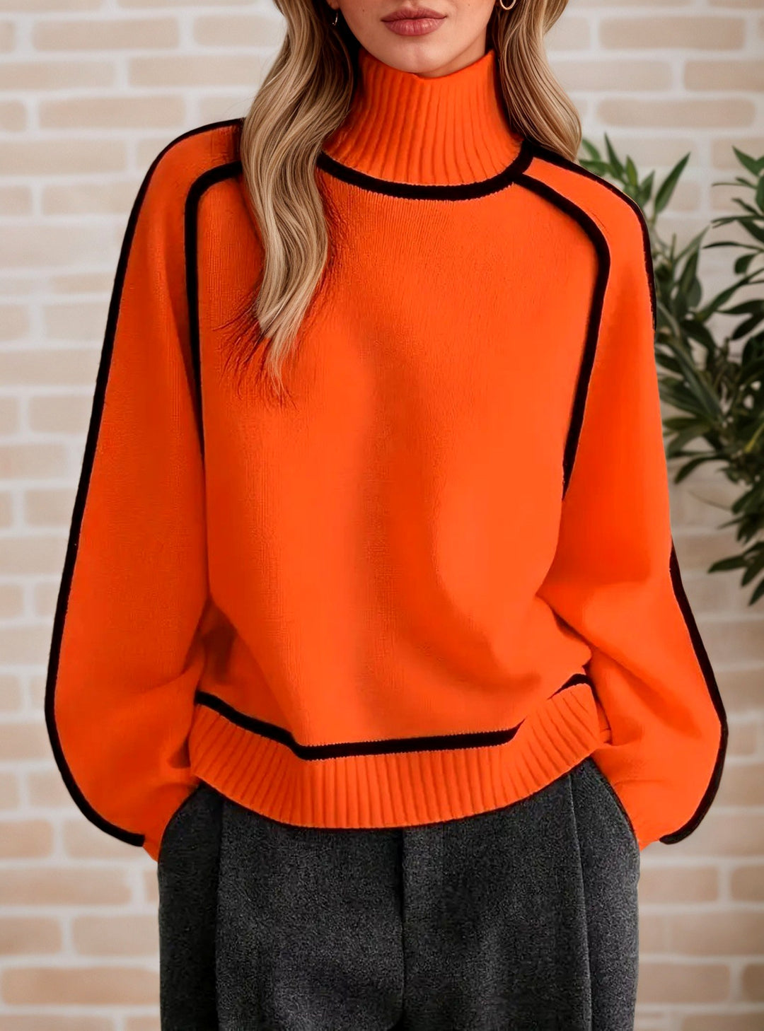 Alicia - Women's Contrast Trim Turtleneck Knit Sweater 5
