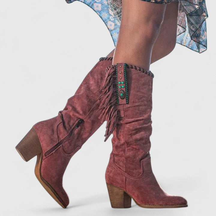 Alina - Women's Fringe-Trim Suede Knee-High Boots