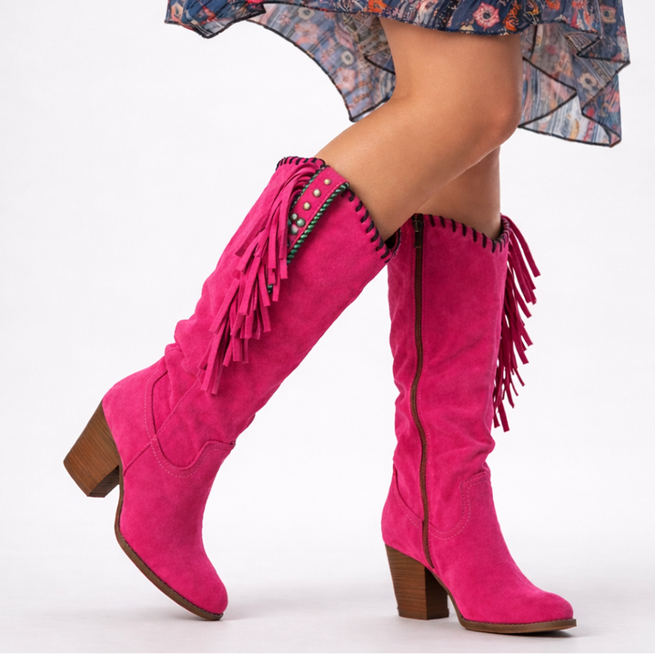 Alina - Women's Fringe-Trim Suede Knee-High Boots