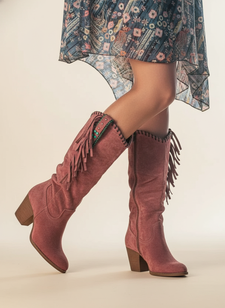 Alina - Women's Fringe-Trim Suede Knee-High Boots