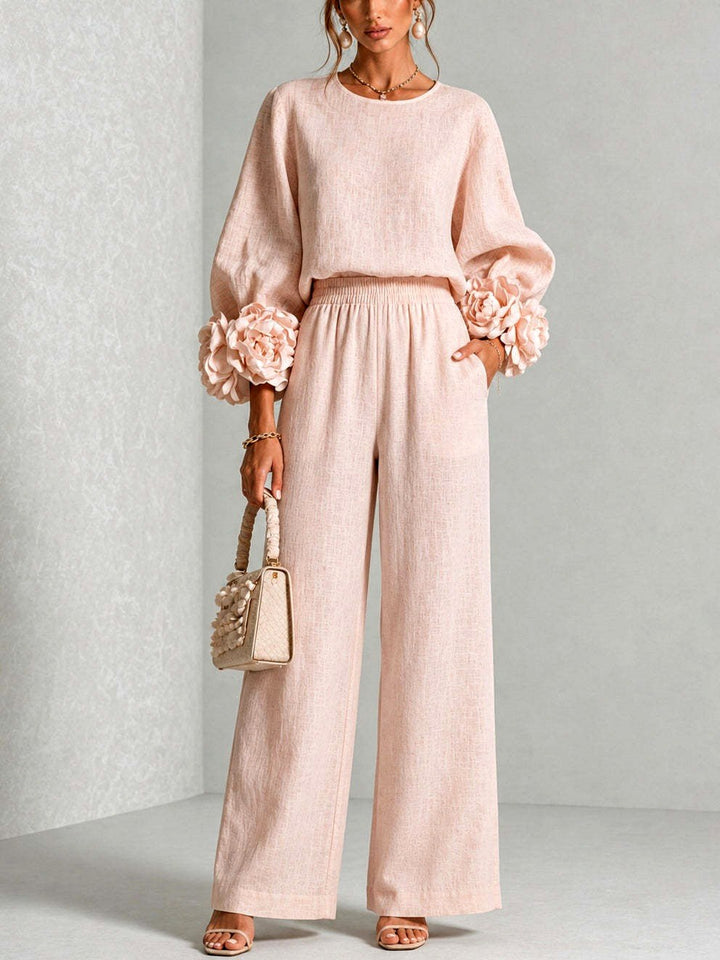 Almira - Women's Puff Sleeve Wide Leg Pant Set with Floral Cuffs 2