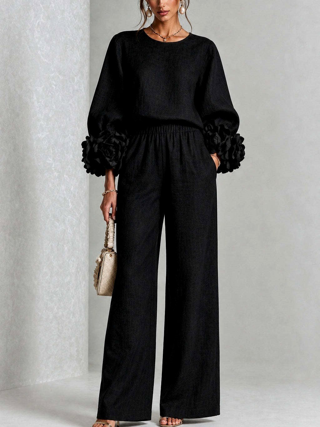 Almira - Women's Puff Sleeve Wide Leg Pant Set with Floral Cuffs 3