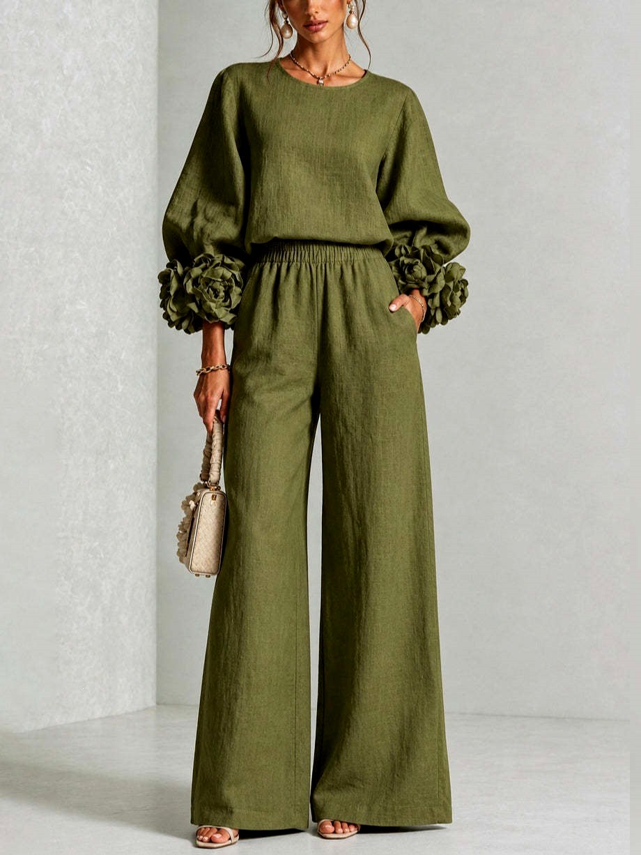 Almira - Women's Puff Sleeve Wide Leg Pant Set with Floral Cuffs 4
