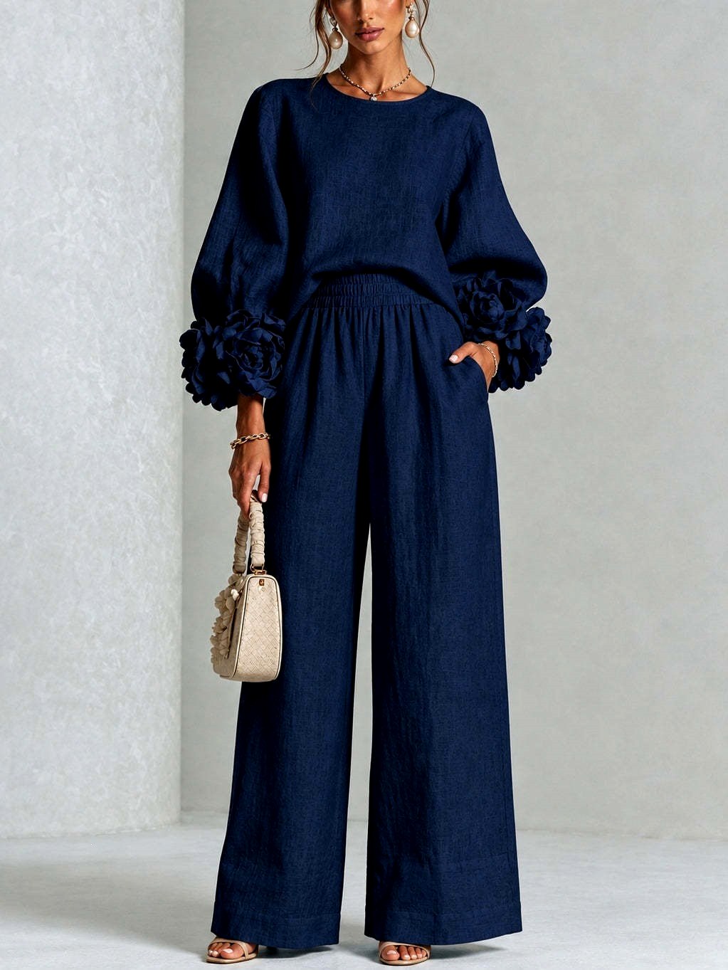 Almira - Women's Puff Sleeve Wide Leg Pant Set with Floral Cuffs 5