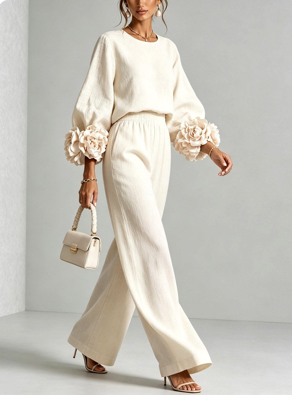 Almira - Women's Puff Sleeve Wide Leg Pant Set with Floral Cuffs 7