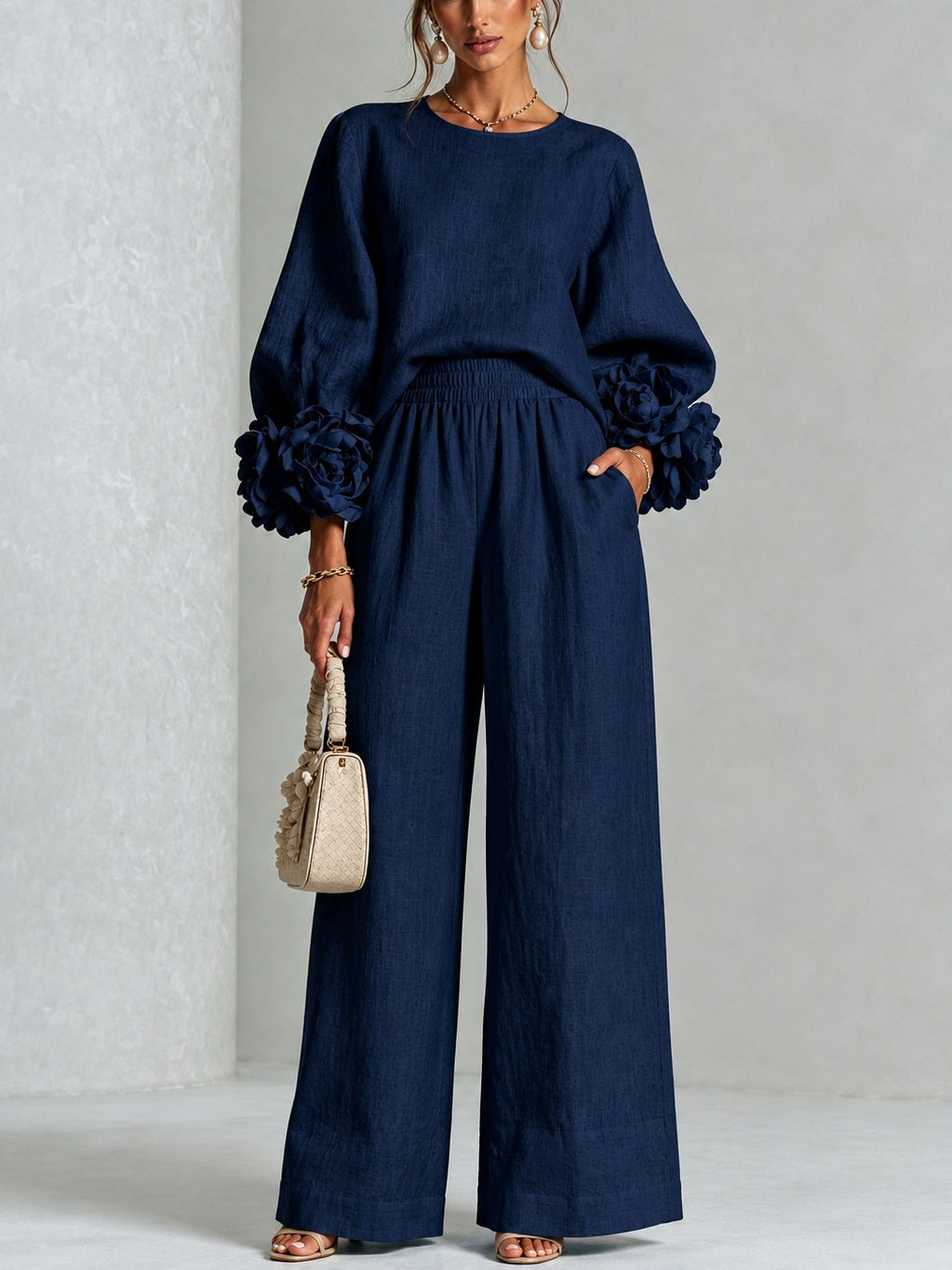 Amara - Women's Wide-Leg Pants Suit with Rosette Cuff Detail