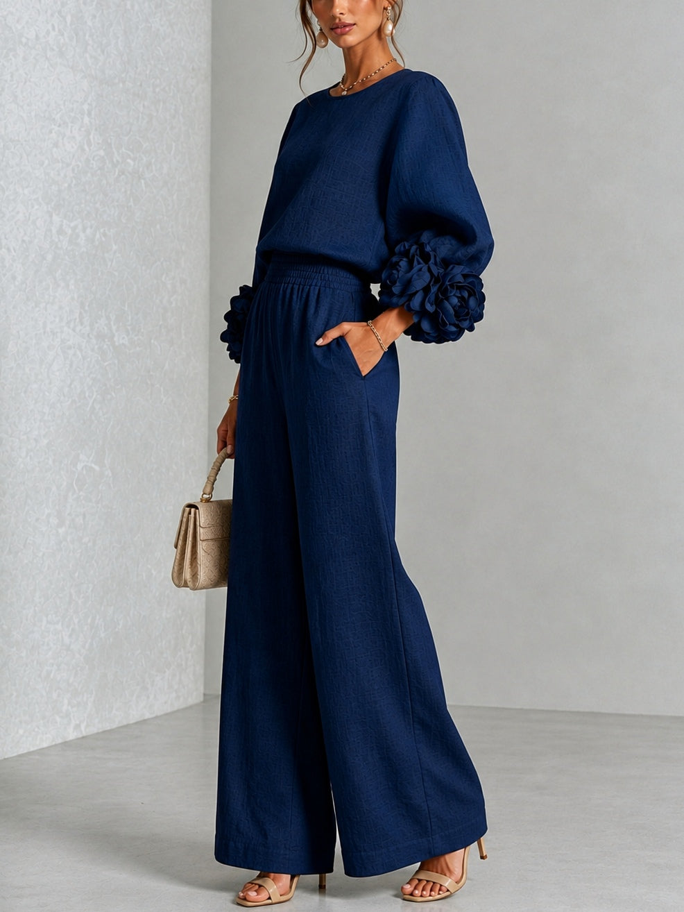 Amara - Women's Wide-Leg Pants Suit with Rosette Cuff Detail