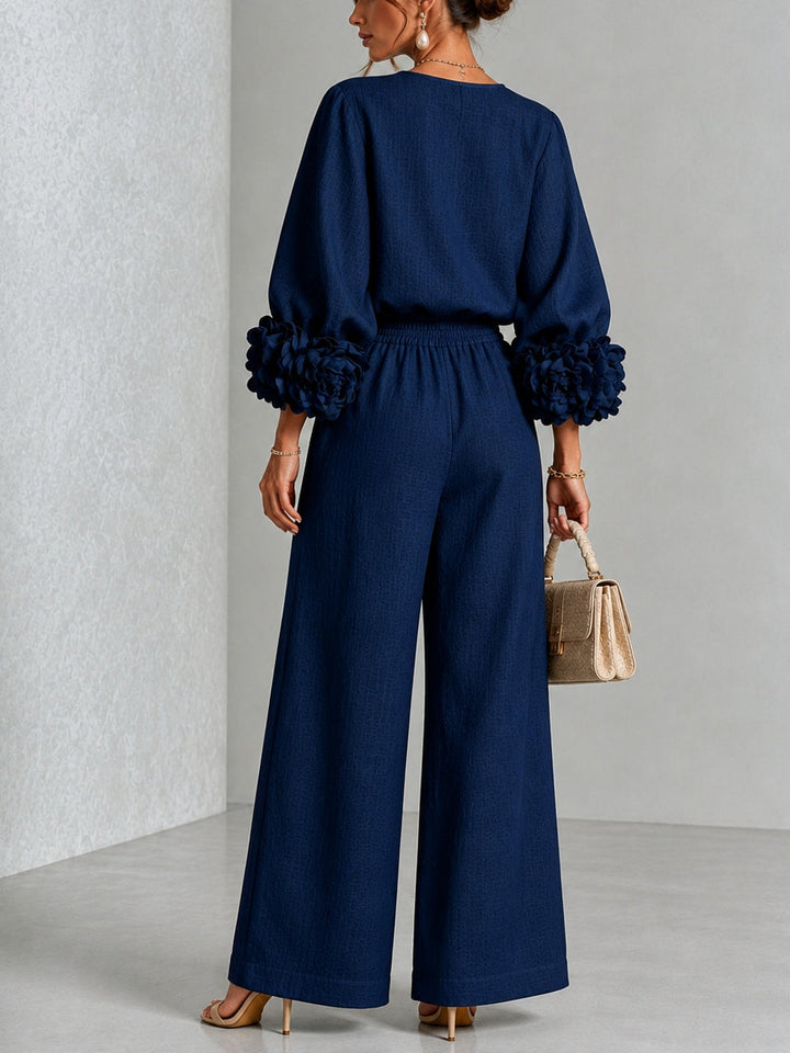 Amara - Women's Wide-Leg Pants Suit with Rosette Cuff Detail