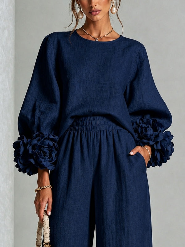 Amara - Women's Wide-Leg Pants Suit with Rosette Cuff Detail