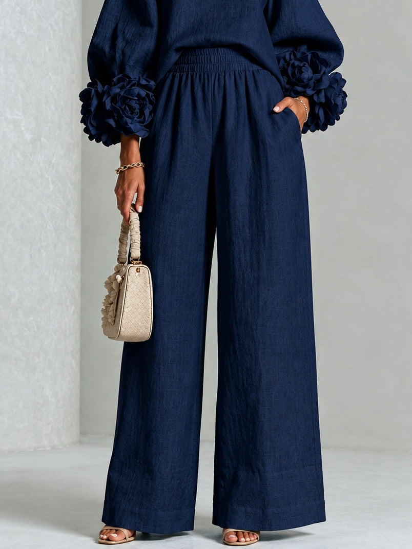 Amara - Women's Wide-Leg Pants Suit with Rosette Cuff Detail