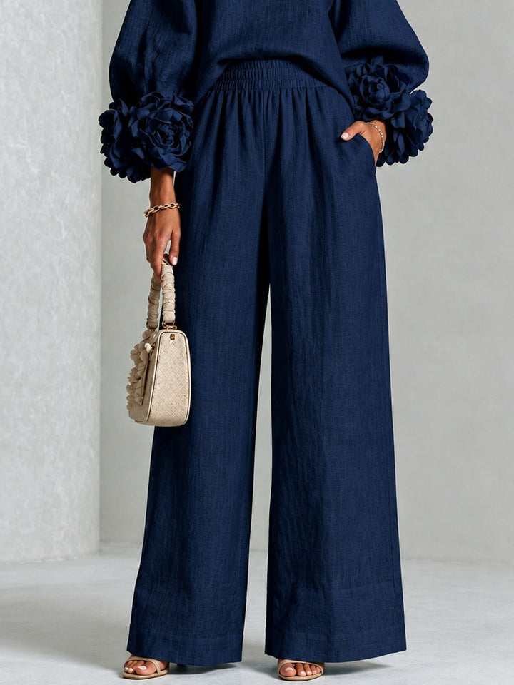 Amara - Women's Wide-Leg Pants Suit with Rosette Cuff Detail
