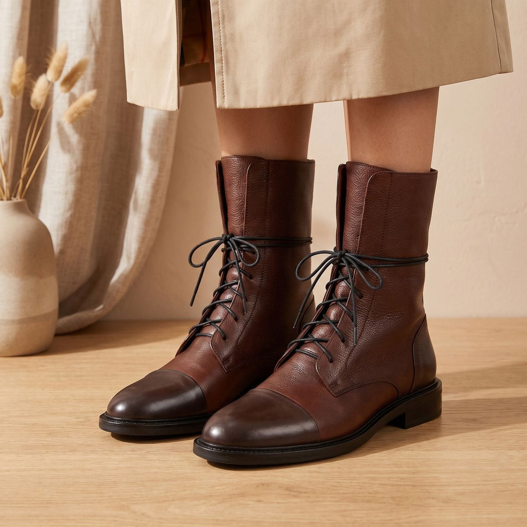 Amber - Women's Lace-Up Short Boots in Textured Leather