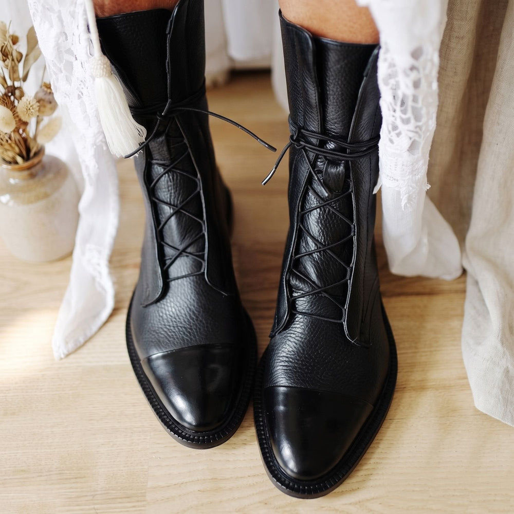 Amber - Women's Lace-Up Short Boots in Textured Leather
