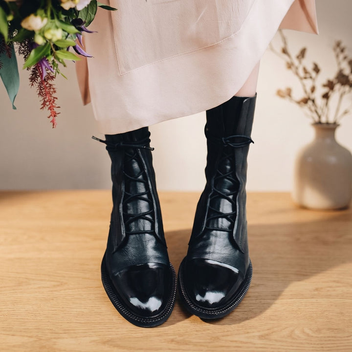 Amber - Women's Lace-Up Short Boots in Textured Leather