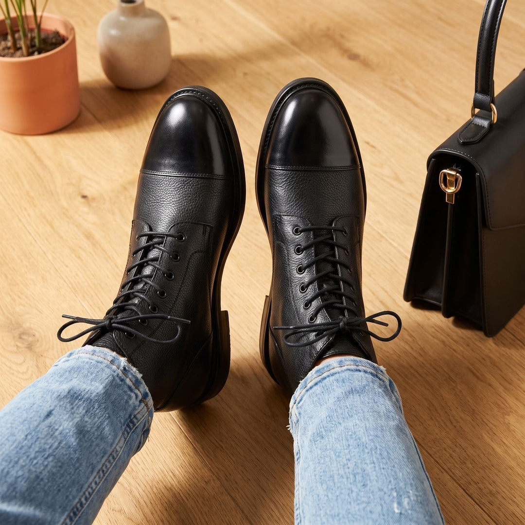 Amber - Women's Lace-Up Short Boots in Textured Leather